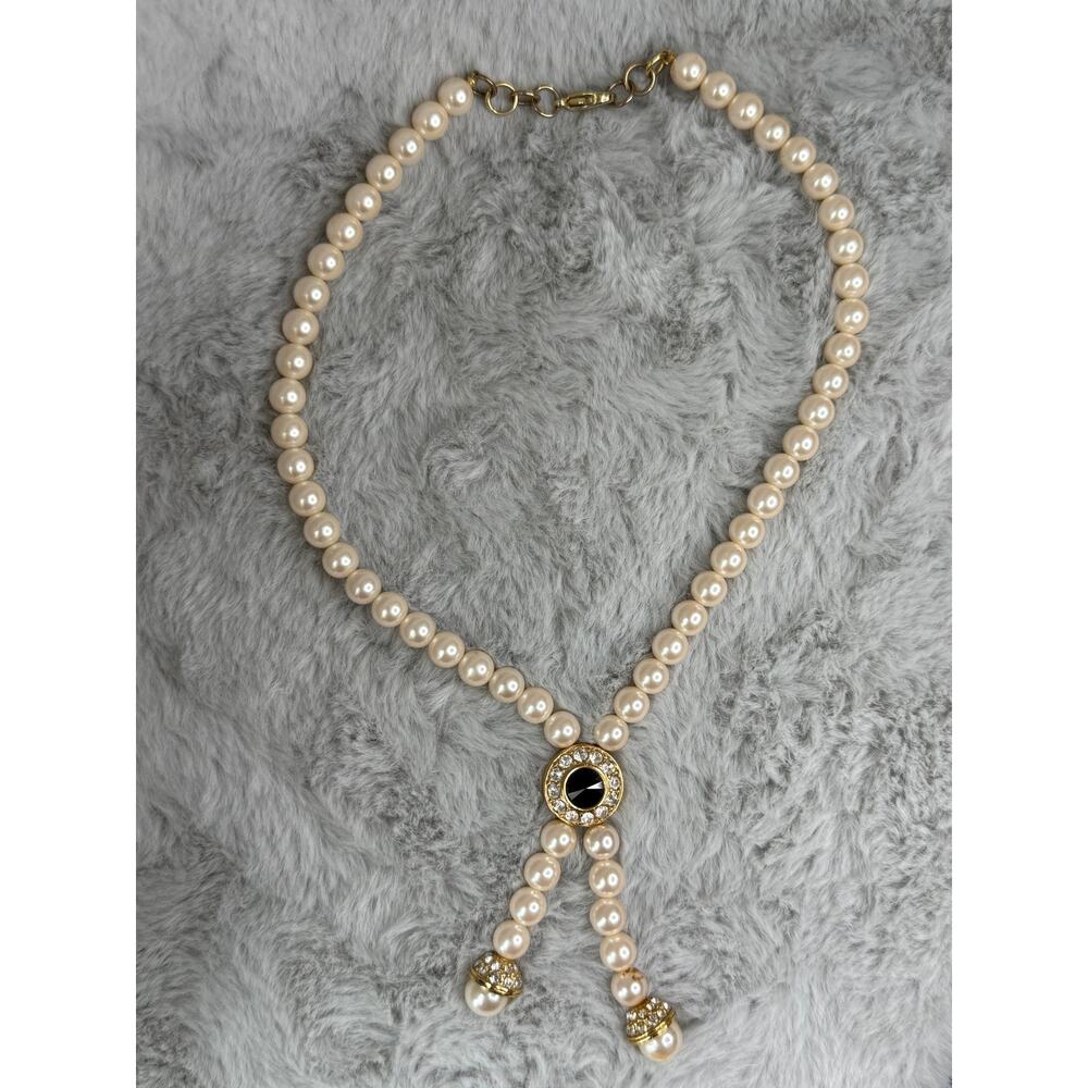 Faux Pearl Drop Necklace with Crystal Pendant, Gold-Tone, 17" + 2.5" Vintage